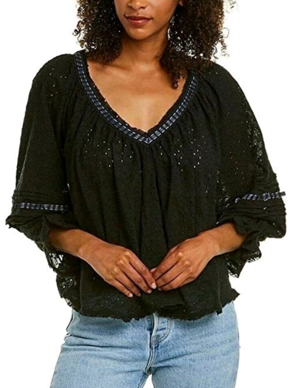 Free People Darcy Eyelet Blouse - Black Cotton Boho Top Size Large